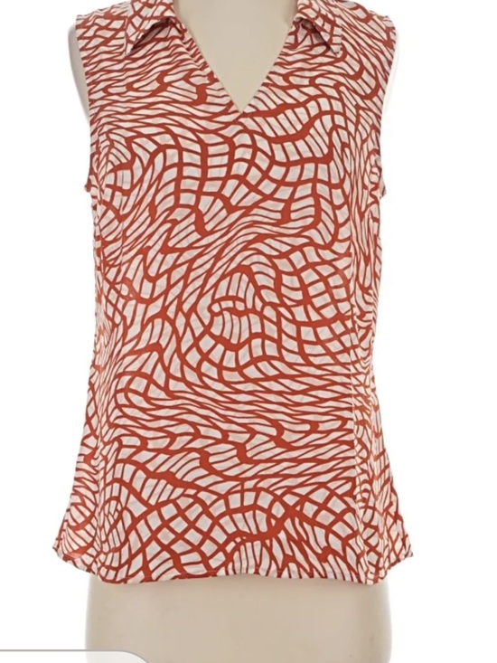 CAbi Tops - CAbi Sleeveless Collared V-Neck Top in burnt orange and white/cream